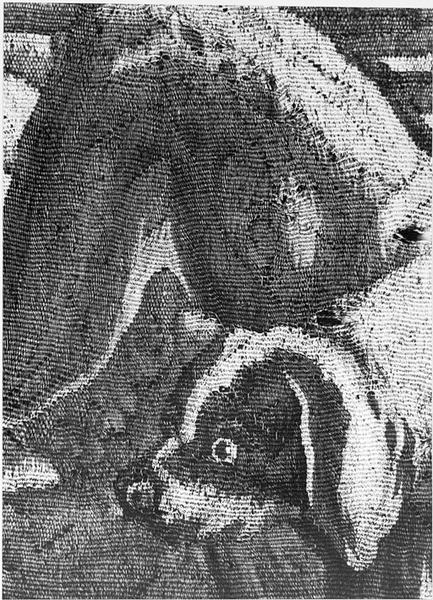 Vue d'ensemble de la tapisserie murale : partie centrale du chien.(détail)