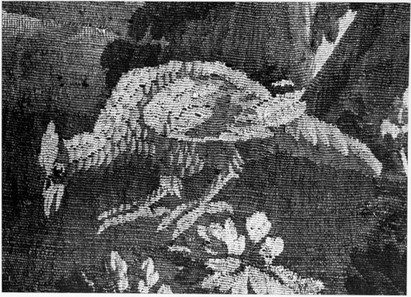 Vue d'ensemble de l'endroit de la tapisserie murale : l'oiseau au premier plan.(détail)
