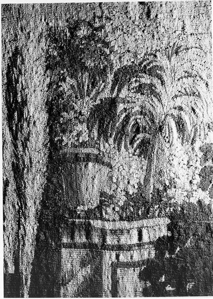 Vue d'ensemble de l'endroit de la tapisserie murale : partie centrale, lumière rasante.(détail)