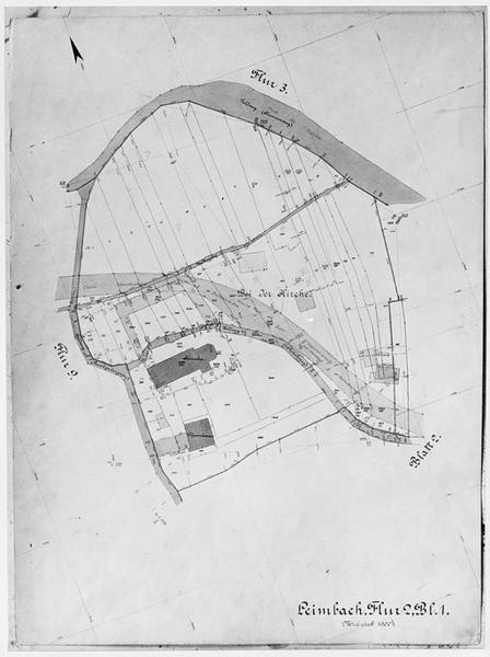 Plan cadastral de 1891, section 2, feuille 1 : emplacement de l'église et de l'ancien presbytère (démoli).