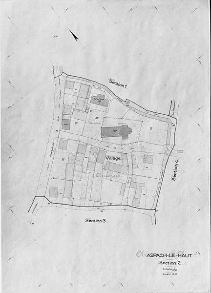 Vue du plan cadastral mis à jour en 1947, section 2 (avec indications des bâtiments disparus depuis 1891).