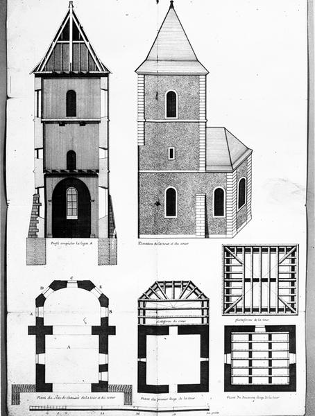 Projet de reconstruction du choeur : plans du rez-de-chaussée de la tour et du choeur, plans des étages de la tour, coupe sur la tour, élévation de la tour et du choeur.