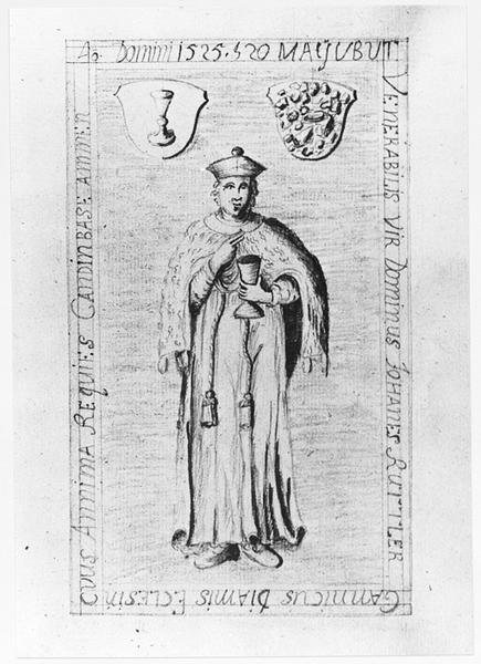 Monument funéraire 7 (page 23), dalle funéraire de Jean Ruttler, chanoine à Thann, inscription Ao Domini 1525 d. 20 Ma