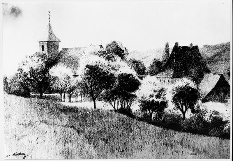 Vue ancienne de l'église et du presbytère.