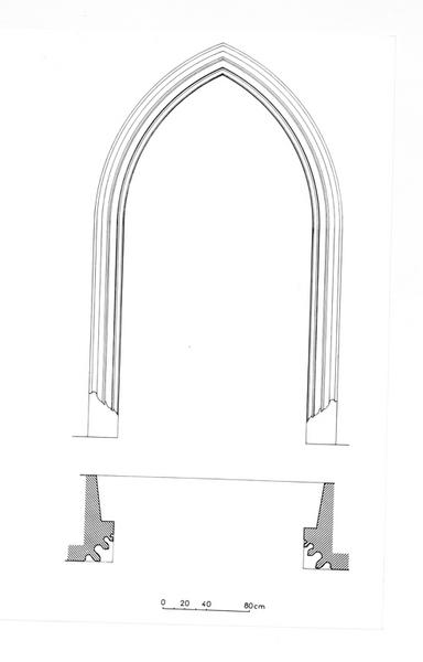 Relevé d'un détail : porte d'entrée de la façade occidentale de la nef.