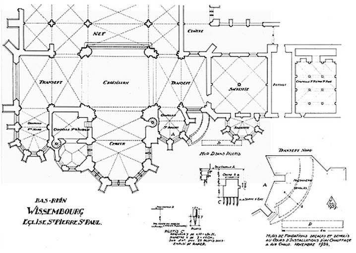 Plan du transept et du choeur avec situation de l'absidiole romane fouillée en 1934.