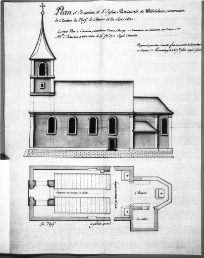 Plan et élévation latérale sud de l'église paroissiale de Wittelsheim, projet de construction par Chassain, 1771.