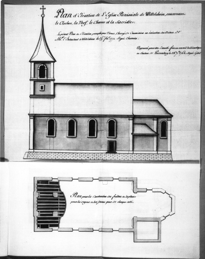 Plan et élévation latérale sud de l'église paroissiale de Wittelsheim, projet de construction par Chassain, 1771.