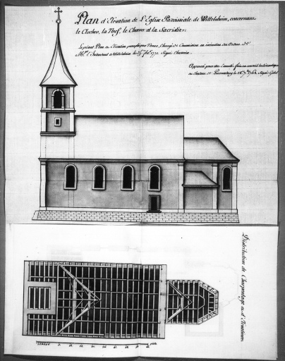 Plan et élévation latérale sud de l'église paroissiale de Wittelsheim, projet de construction par Chassain, 1771.