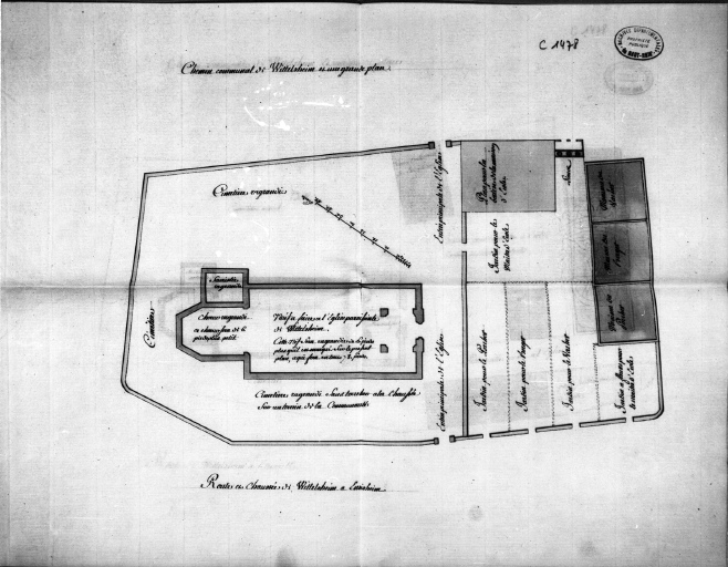 Projet d'agrandissement de l'église paroissiale de Wittelsheim. Plan de situation de l'enclos, de jardins et maison destinés au maître d'école, au vachern au berger et au porcher.