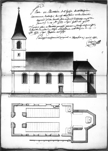 Plan et élévation latérale sud de l'église paroissiale de Wittelsheim, projet de construction par Chassain, 1771.