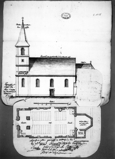 Plan et élévation latérale sud de l'église paroissiale de Wittelsheim, projet de construction par Chassain, 1773.