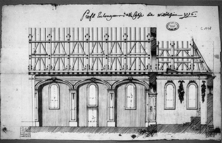 Coupe longitudinale de la nef et du choeur, par Chassain, 1776.