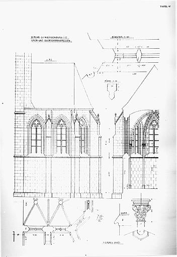 Elévation, coupe et plan partiels de la chapelle du bras sud du transept.