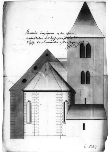 Elévation du pignon et du choeur avec le clocher de l'église par Chassain,1780.