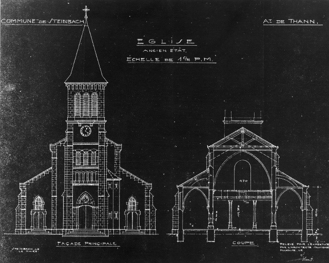 Elévation et coupe de l'ancienne église.