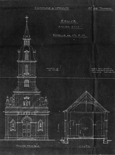 Coupe transversale et élévation antérieure : état ancien; relevé en 1921.