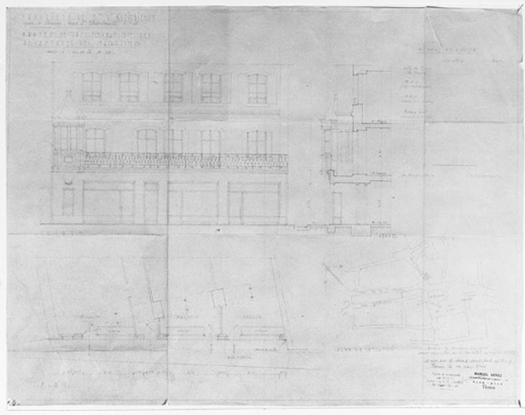 Projet de transformation de l'élévation antérieure : coupe et élévation, datant de 1947.