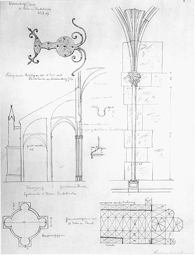 Plan, détails d'élévation intérieure et coupe partielle.