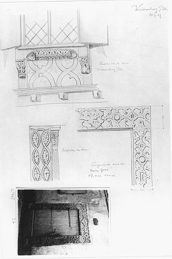 Vue de détail de sculpture de diverses maisons dont un détail de chambranle de la porte de 1616.