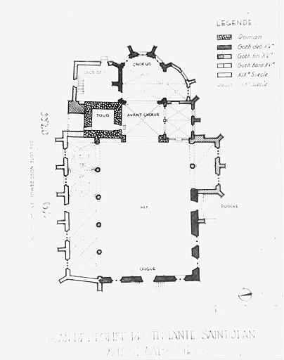 Plan de l'église, bas-côté nord démoli en 1945, reconstruit à l'identique.