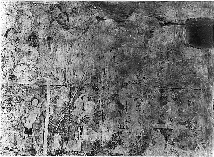 Bras sud du transept, mur sud, avant restauration. Jésus est cloué sur la croix, crucifixion.