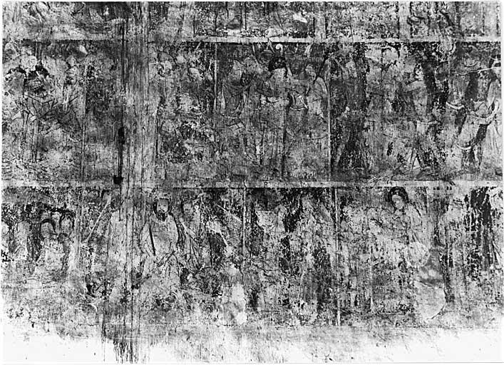 Bras sud du transept, mur sud. Scènes de la Passion du Christ, avant restauration : Baiser de Judas, Arrestation, Jésus devant Pilate, Flagellation. En bas : Pentecôte, Jugement dernier et Oeuvres de Miséricorde.