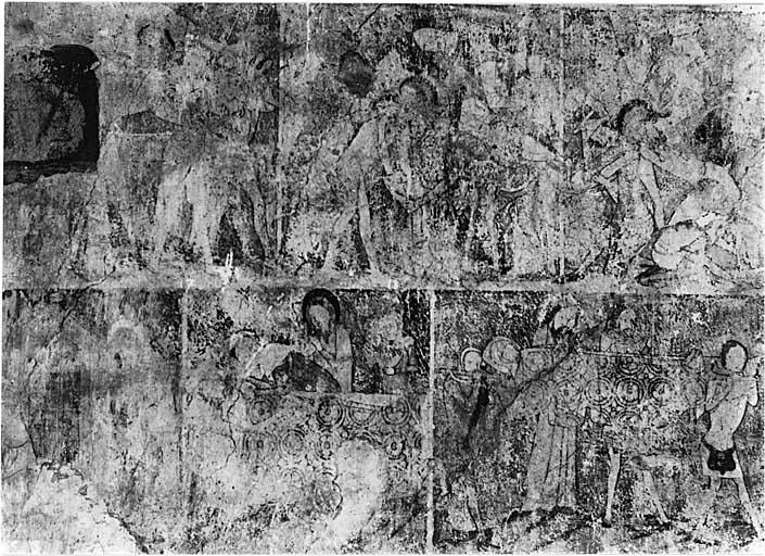 Bras sud du transept, mur sud, avant restauration. Scènes de la Passion du Christ : Montée au calvaire, mise en croix et, en bas, oeuvres de Miséricorde (soigner les malades, enterrer les morts).