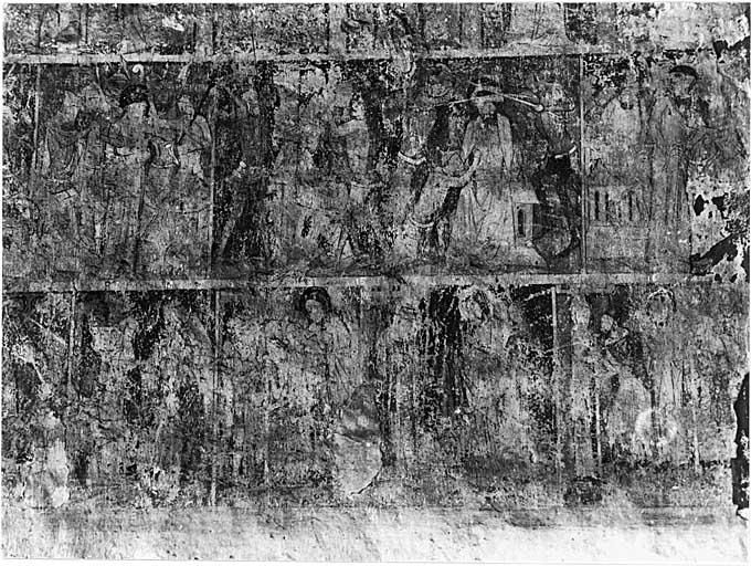 Bras sud du transept, mur sud, avant restauration. Scènes de la Passion du Christ : Jésus devant Pilate, Flagellation, couronnement d'épines, Jésus montré au peuple. En bas : Jugement dernier et Oeuvres de Miséricorde.