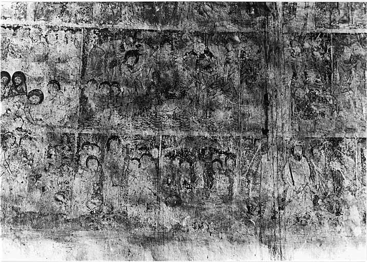 Bras sud du transept, mur sud, avant restauration. Scènes de la Passion du Christ : Cène et lavement des pieds, Mont des Oliviers et Baiser de Judas, Arrestation. En bas : Apparition aux apôtres, Pentecôte, Jugement dernier.