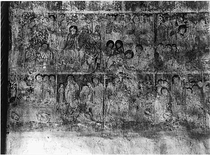 Bras sud du transept, mur sud, avant restauration. Scènes de la vie du Christ et Passion : Résurrection de Lazare. Entrée à Jérusalem, Cène et lavement des pieds, Mont des Oliviers. En bas : Jésus au tombeau, Résurrection, Apparition aux apôtres.