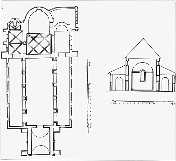 Plan et coupe transversale sur la nef.