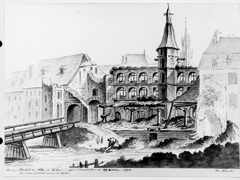 Ruines de l'hôtel de ville et de la Porte Kattenbach détruits par l'inondation de 1778.