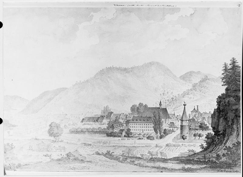 Vue du faubourg Saint-Jacques avec le couvent, depuis le sud.