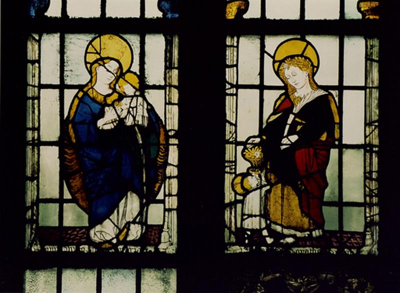 Verrière : saint Jean, sainte Elisabeth de Hongrie, Vierge à l'Enfant, sainte Dorothée et l'Enfant Jésus, armoiries (baie 9)