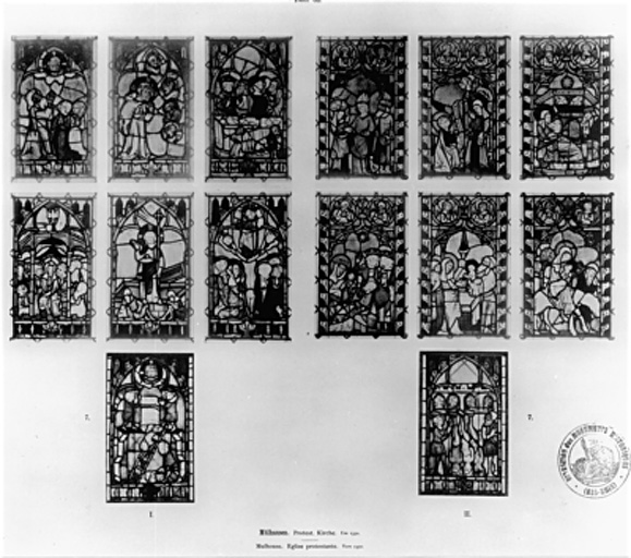 Verrière typologique du Jugement dernier (107), verrière typologique de la vie de la Vierge (104), verrière typologique de l'Enfance du Christ (106) et verrière typologique de la Mort et de la Résurrection du Christ (109).