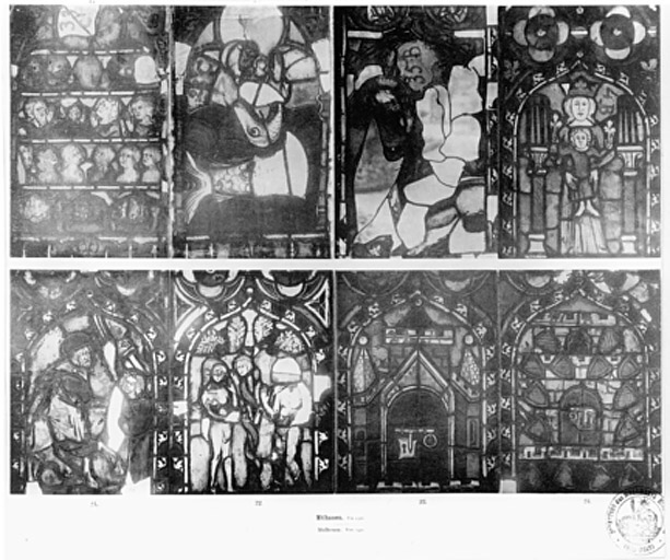 Verrière typologique de la Création de la Femme et de la Naissance de la Vierge (102), verrière typologique de l'Enfance du Christ (106), verrière typologique de la Mort et de la Résurrection du Christ (109), verrière typologique de la Vie de la Vierge (104).