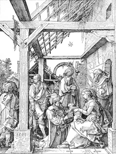 Panneau de l'Adoration des Mages : gravure sur bois, par Dürer, ayant servi de modèle au relief de Roderen.