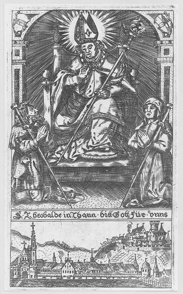 Saint Thiébaut entre deux pélerins et vue de Thann en 1628.