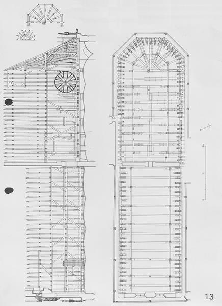 Relevé de la charpente, par Albert Schneider, de Landau : plan et coupe longitudinale.