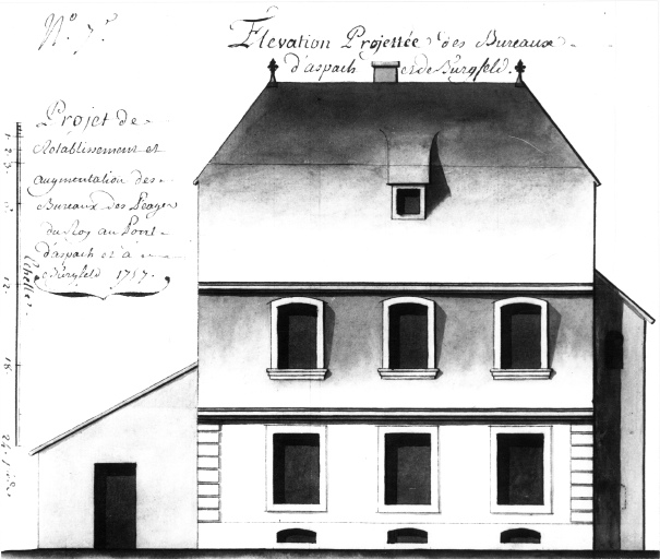 Projet de rétablissement et augmentation des bureaux des péages du roy au pont d'Aspach et à Burgfel, 1757. Elévation projettée des bureaux d'Aspach et de Burgfel. No 7.
