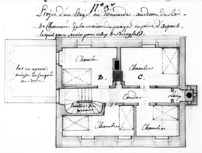 Projet d'un étage en mansarde au-dessus du rez-de-chaussée de la maison du péager du pont d'Aspach, 1757 (?). No 3.