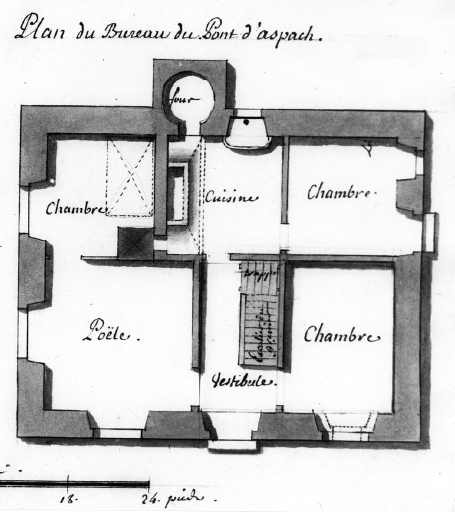 Plan du bureau du pont d'Aspach, plume et lavis par Chassain, 1758.