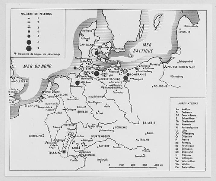 Carte donnant l'origine des pèlerins miraculés de Saint Thiébaut (1447-1493).