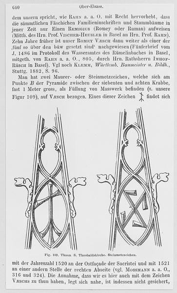 Dessin du remplage de la flèche avec la marque de Rémy Faesch et les armes des Surgant.