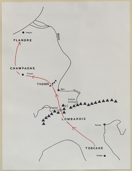 Schéma de la route reliant l'Italie aux Flandres et passant par Thann.