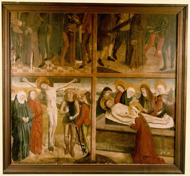 Volet 1, revers : Jésus devant Pilate, Portement de Croix, Crucifixion, Mise au tombeau.