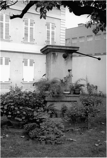 Fontaine du 19e siècle en grès dans le jardin en face de l'entrée.