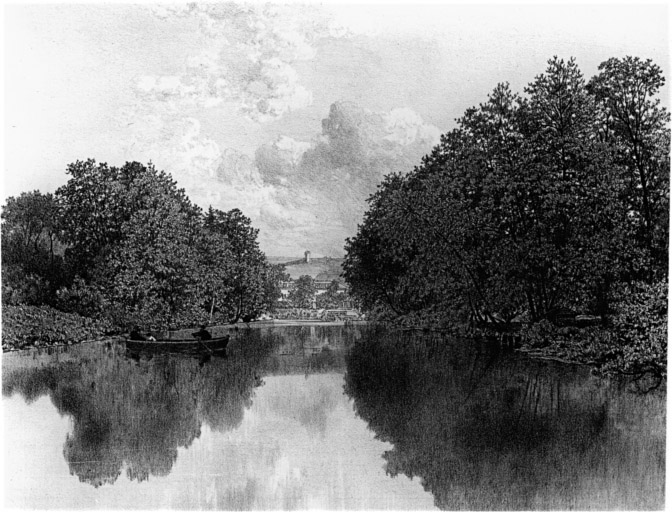 Vue ancienne de l'étang vu de la serre.