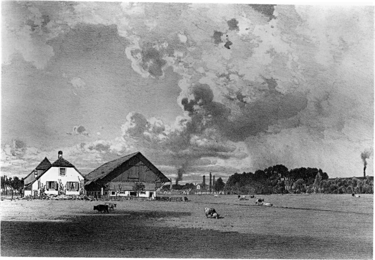 Vue ancienne de la ferme vue du jardin anglais.